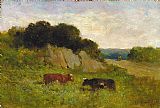 Edward Mitchell Bannister Canvas Paintings - landscape with two cows